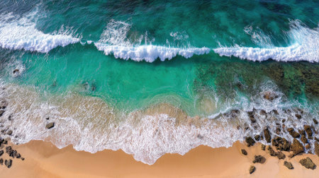 Aerial view of beautiful tropical beach with turquoise ocean waterの素材