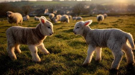 Cute lambs on a meadow at sunset in springtimeの素材