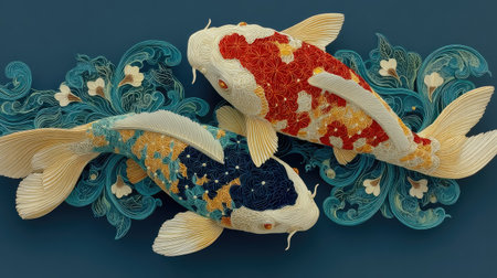 Koi fish with floral pattern on blue background. 3d illustrationの素材