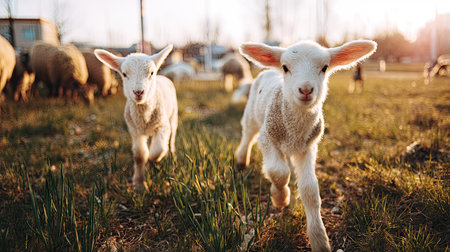 Cute little lambs in the meadow on a sunny spring day.の素材