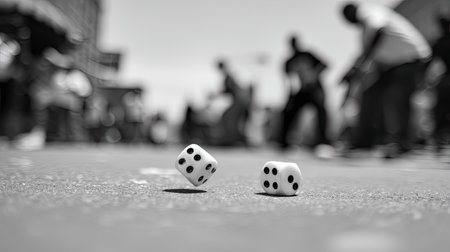 Black and white dice on the ground with blurred people in the backgroundの素材
