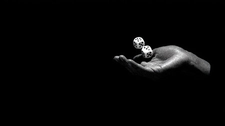 two dice rolling in the palm of an outstretched hand, monochrome, in the style of analog horror film style, black background, 70s movie footage, low resolution. --chaos 35 --ar 16:9 --v 7 Job ID: 19991144-4fb1-4df8-b095-fe3b70d927c4の素材