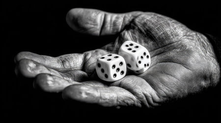 Black and white image of old man's hands holding two dice.の素材