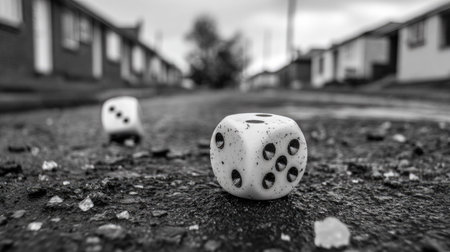 Dice on the ground. Black and white image with shallow depth of field.の素材