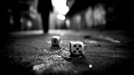 Dice on the floor in the dark. Black and white photo.の素材