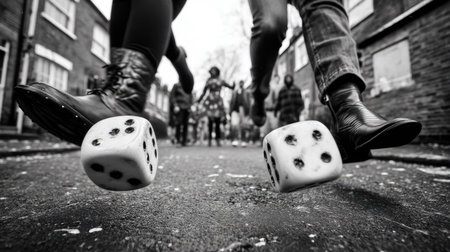 two dice rolling on the ground, one has black dots and is falling in front of another person who jumps to catch it. black and white photography. the focus should be on capturing the moment when both dice roll across concrete or asphalt. there's no motion blur as they roll slowly down the street. in the background, you can see blurred figures jumping up from behind. --chaos 35 --ar 16:9 --quality 2 --v 7 Job ID: 4cee8051-390f-4aff-a24b-849b721a755cの素材