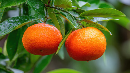 Ripe tangerines on the tree in the orchard.の素材
