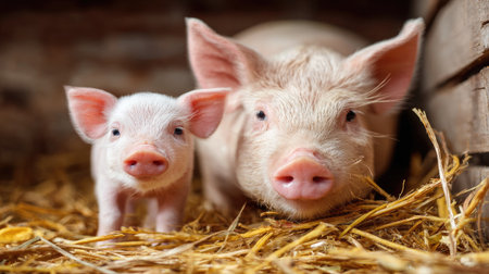 Cute little piglets on the farm. Portrait of a newborn pig.の素材