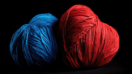 Colorful yarn balls in heart shape on black background, close upの素材