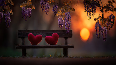 Two red hearts on a bench in the garden with wisteria flowersの素材