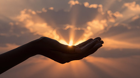Silhouette of female hands against the sky with sunbeamsの素材