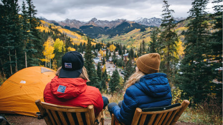 Couple sitting in chairs and looking at alpine landscape in autumnの素材