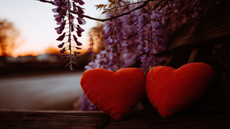 Two red hearts on a bench with wisteria in the backgroundの素材
