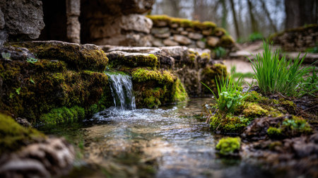 Small waterfall in the forest. Selective focus. Shallow depth of field.の素材