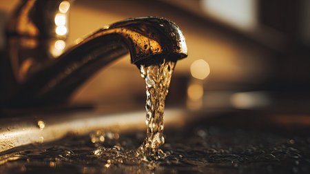 Water flows from the faucet in the kitchen. Selective focus.の素材