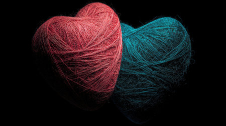 Two hearts of wool on a black background. Valentine's Day.の素材