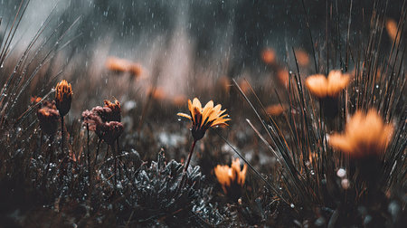 flowers in the meadow in the rain. shallow depth of fieldの素材