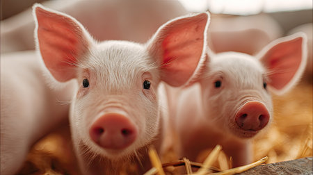 Portrait of two cute piglets in a straw. Close-up.の素材
