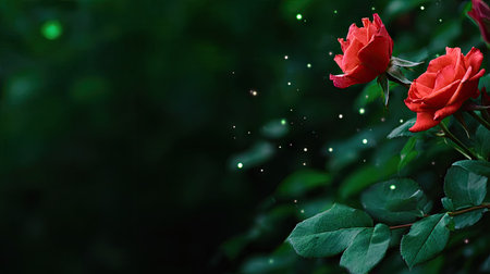 Beautiful red rose on a dark green background with bokehの素材