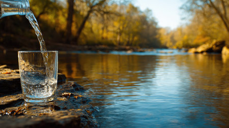 Pouring fresh water into a glass on the bank of the riverの素材