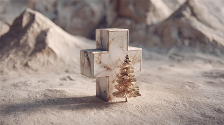 Wooden cross with christmas tree on sand. 3d renderingの素材