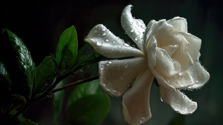 Beautiful white gardenia flower with water drops on dark background.の素材