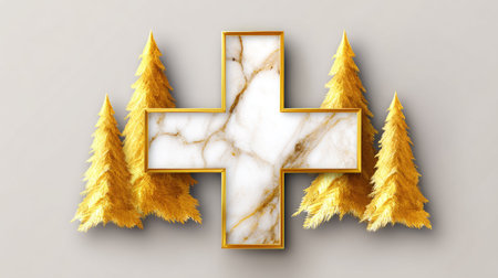 3d render of golden christmas tree and cross on white backgroundの素材