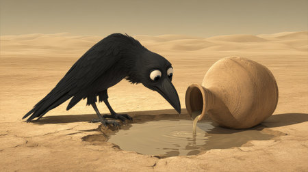Crow in the desert drinking water from a clay bowl. 3d renderの素材