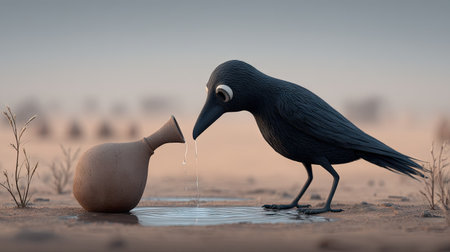 Crow drinking water from a jug in the desert, 3d renderの素材