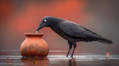 Black crow drinking water from an earthen jar in the waterの素材