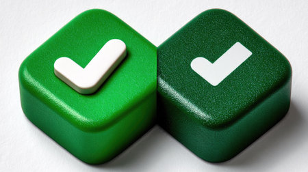 Green buttons with a check mark on a white background, close-upの素材