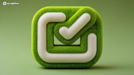 Green check mark in the form of a square with grass. Vector illustration.の素材