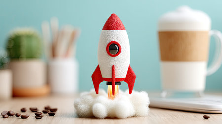 Rocket toy and coffee cup on wooden table, start up concept.の素材