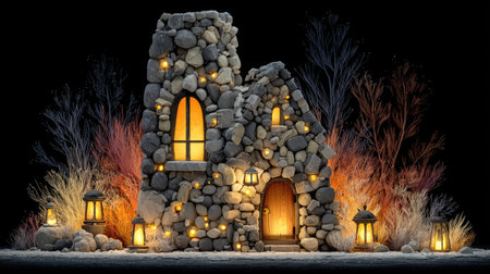 3D rendering of a fairy tale house made of stone with lanternsの素材