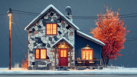 3D illustration of a country house in winter with snowfall.の素材