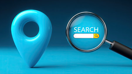 Search engine optimization concept with magnifying glass and map pointer on blue backgroundの素材