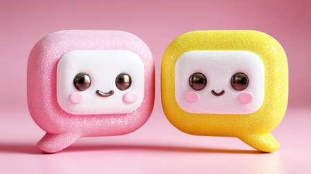 Cute pink and yellow soap bubbles with eyes on pink background.の素材