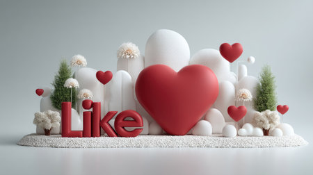 3d render of red heart and love text on white background. Valentine's day concept.の素材