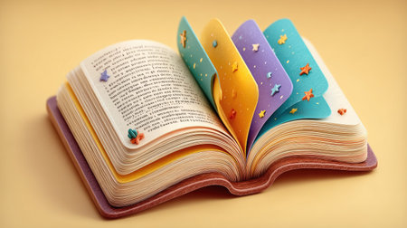 Open book with colorful paper stickers on yellow background. Back to school.の素材
