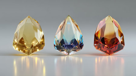 3d rendering of three diamonds in different colors on a white backgroundの素材