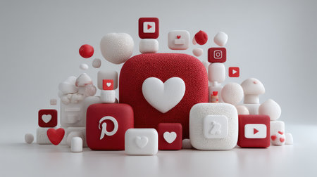 Digital composite of Red and white social media icons with heart icon against white backgroundの素材
