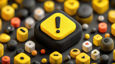 Black and yellow exclamation mark on a black background. 3d illustrationの素材