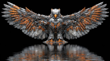 3D rendering of an eagle isolated on black background with water reflectionの素材