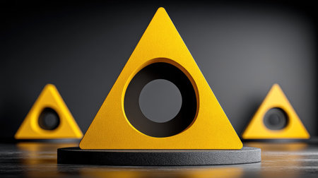 3d rendering of abstract yellow pyramid shape on black background with copy spaceの素材