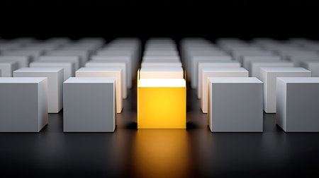 3d render of a group of white cubes with one yellow cube in the middleの素材