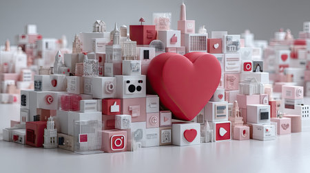 3D illustration of a red heart surrounded by many small toy housesの素材