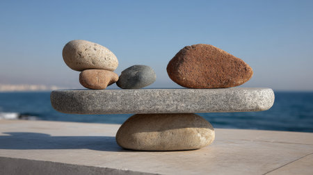 Stone balance on the background of the sea. Concept of balance.の素材
