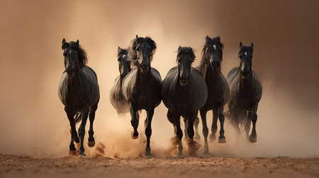 Black horses run gallop in dust on a brown background. 3d renderingの素材