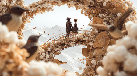 Wedding couple on the background of the arch of flowers.の素材