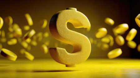 Golden dollar sign on a yellow background. 3D illustration. Copy space.の素材